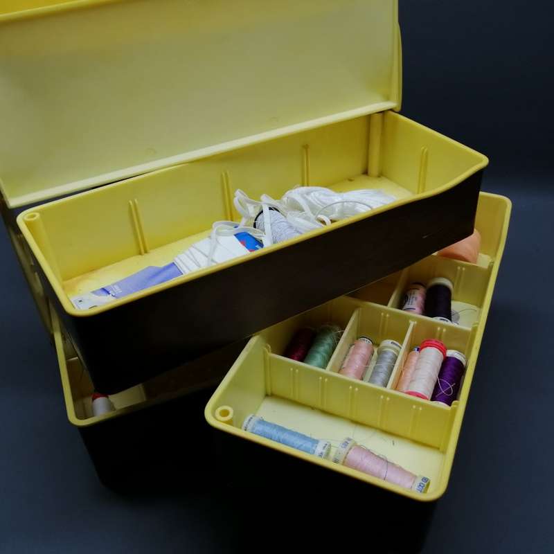Large Vintage Multi Compartment Sewing Box With Content!!!