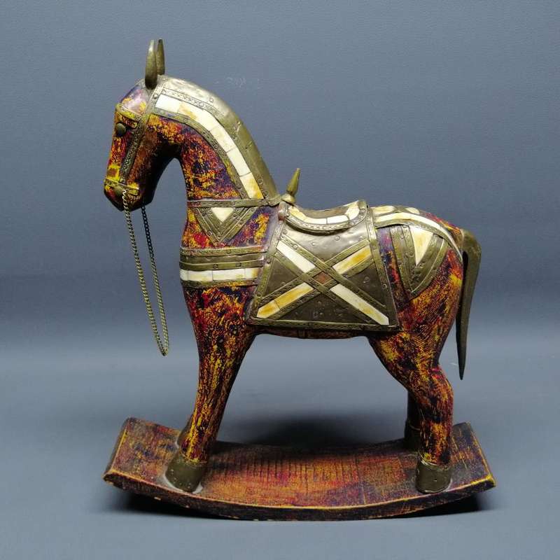 Vintage Wood with Brass and Bone Inlay Decorative Rocking Horse!!!