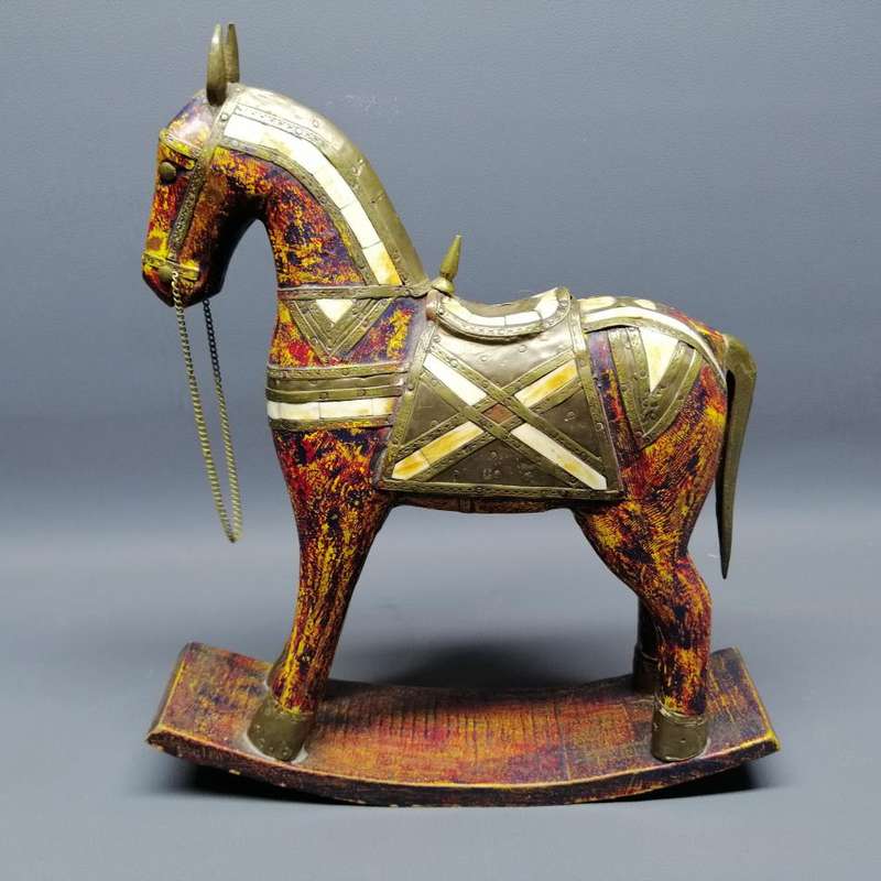 Vintage Wood with Brass and Bone Inlay Decorative Rocking Horse!!!