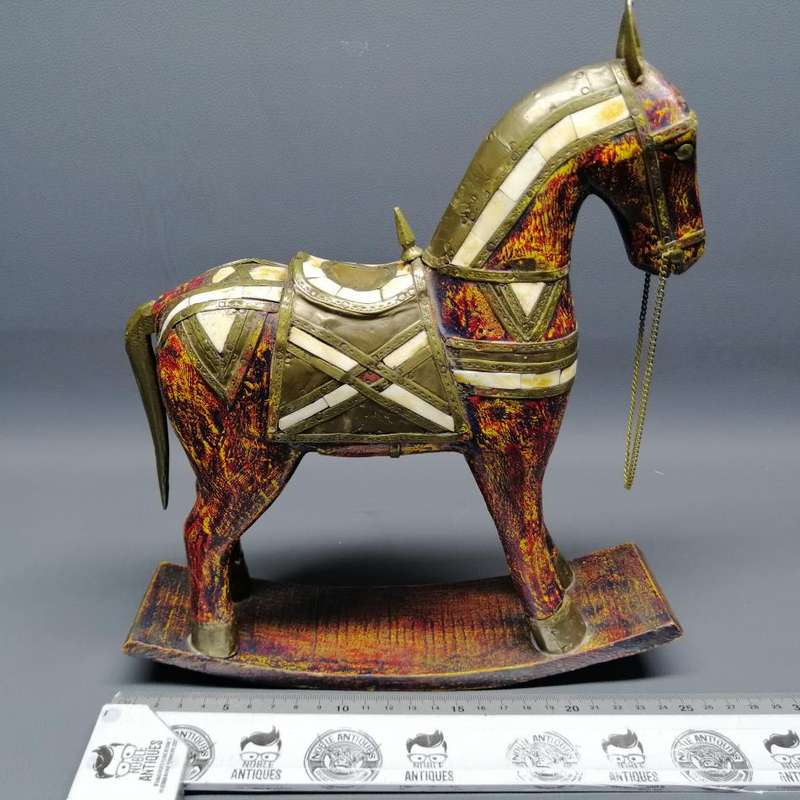 Vintage Wood with Brass and Bone Inlay Decorative Rocking Horse!!!