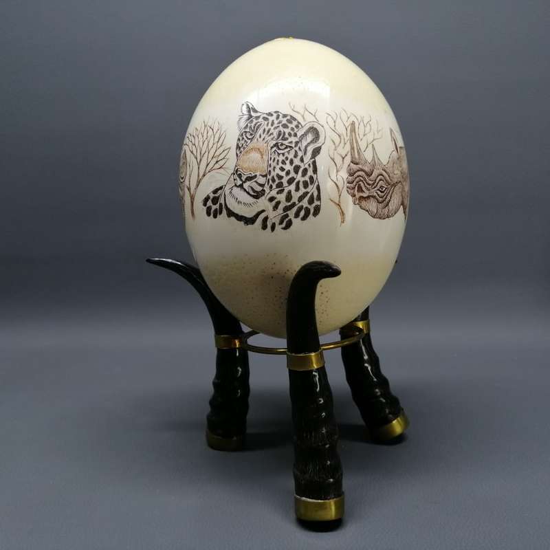 Original Scrimshaw Big Five Ostrich Egg On Brass Finished Horns!!!