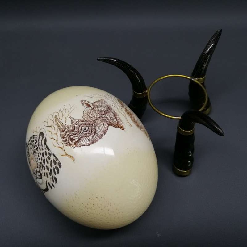 Original Scrimshaw Big Five Ostrich Egg On Brass Finished Horns!!!