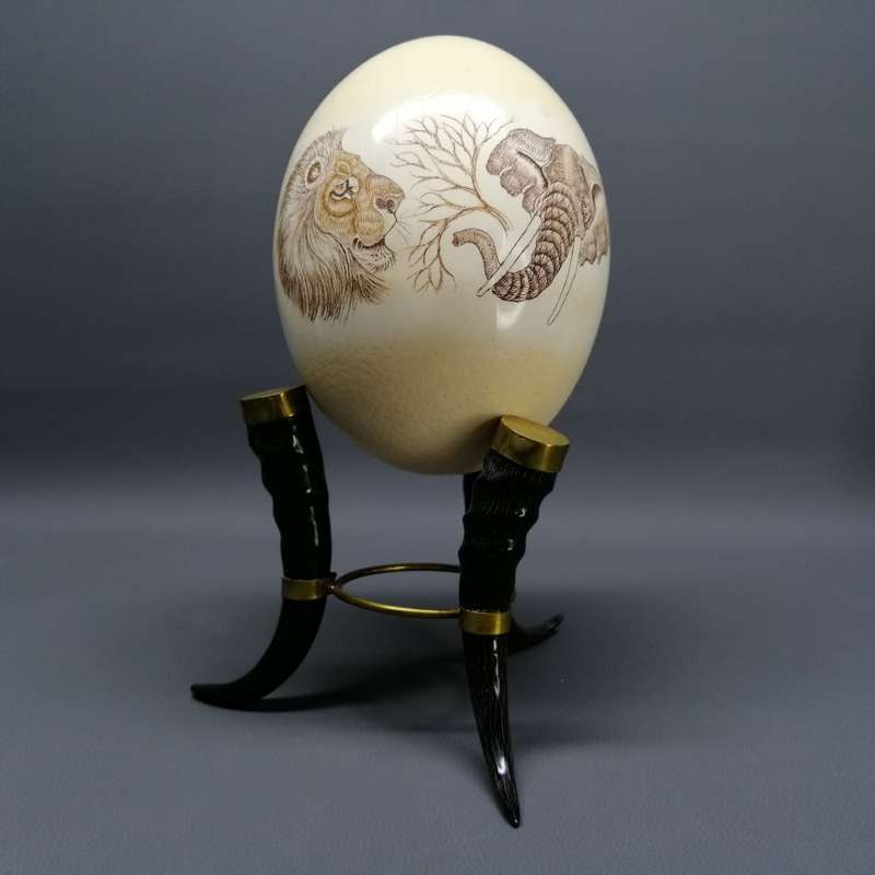 Original Scrimshaw Big Five Ostrich Egg On Brass Finished Horns!!!