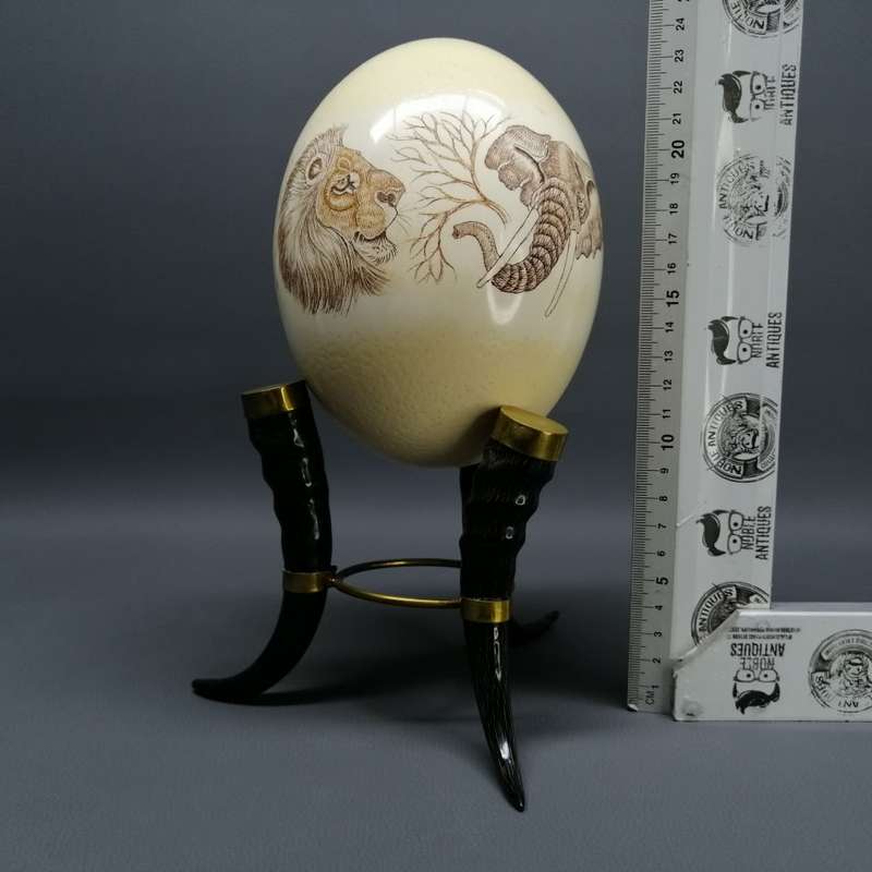Original Scrimshaw Big Five Ostrich Egg On Brass Finished Horns!!!
