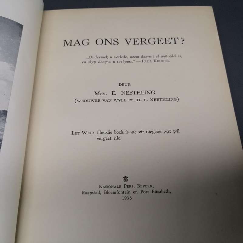 RARE!!! 1938 "Mag ons Vergeet" by E Neetling