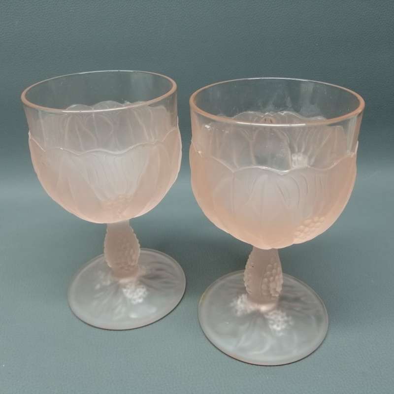 Two Vintage Pressed Pink Pressed Frosted Glass Wine Goblets!!!