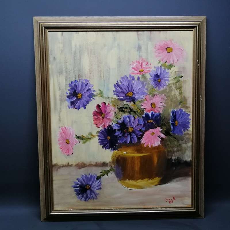 Framed Original Signed 1987 S Lynn Flower Still Life Oil On Board!!! 550mm x 480mm