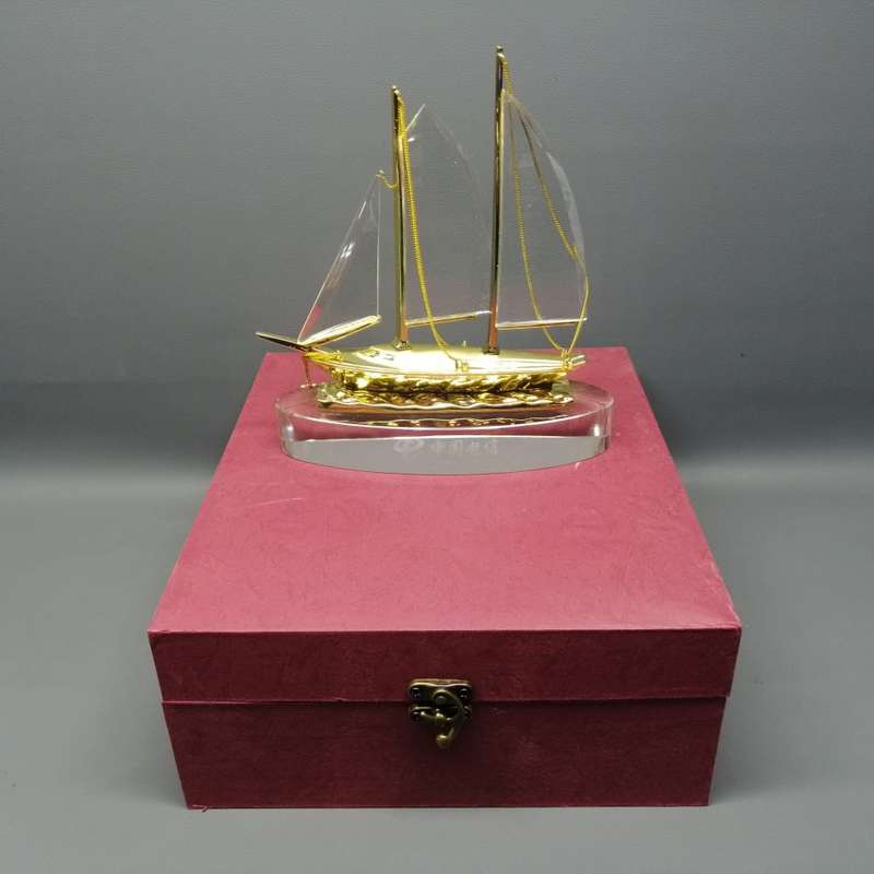 RARE!!! Large Boxed China Telecom Glass and Metal Yacht Paperweight!!!