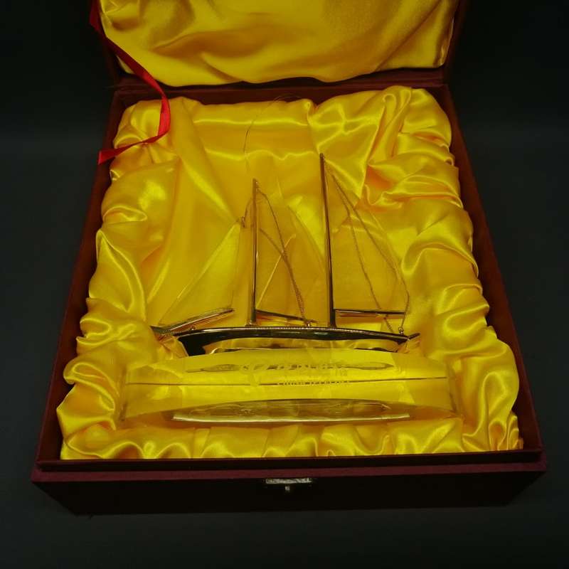RARE!!! Large Boxed China Telecom Glass and Metal Yacht Paperweight!!!