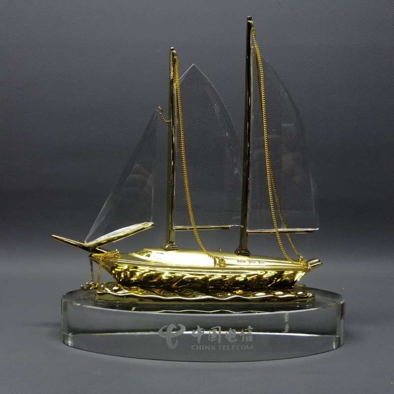 RARE!!! Large Boxed China Telecom Glass and Metal Yacht Paperweight!!!