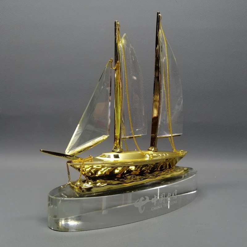 RARE!!! Large Boxed China Telecom Glass and Metal Yacht Paperweight!!!
