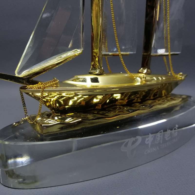 RARE!!! Large Boxed China Telecom Glass and Metal Yacht Paperweight!!!