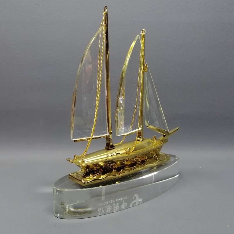 RARE!!! Large Boxed China Telecom Glass and Metal Yacht Paperweight!!!