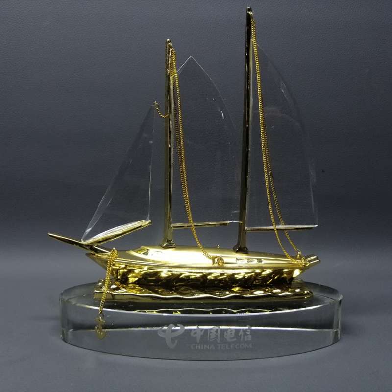 RARE!!! Large Boxed China Telecom Glass and Metal Yacht Paperweight!!!