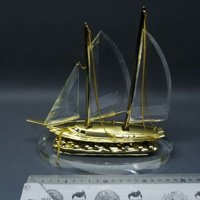 RARE!!! Large Boxed China Telecom Glass and Metal Yacht Paperweight!!!