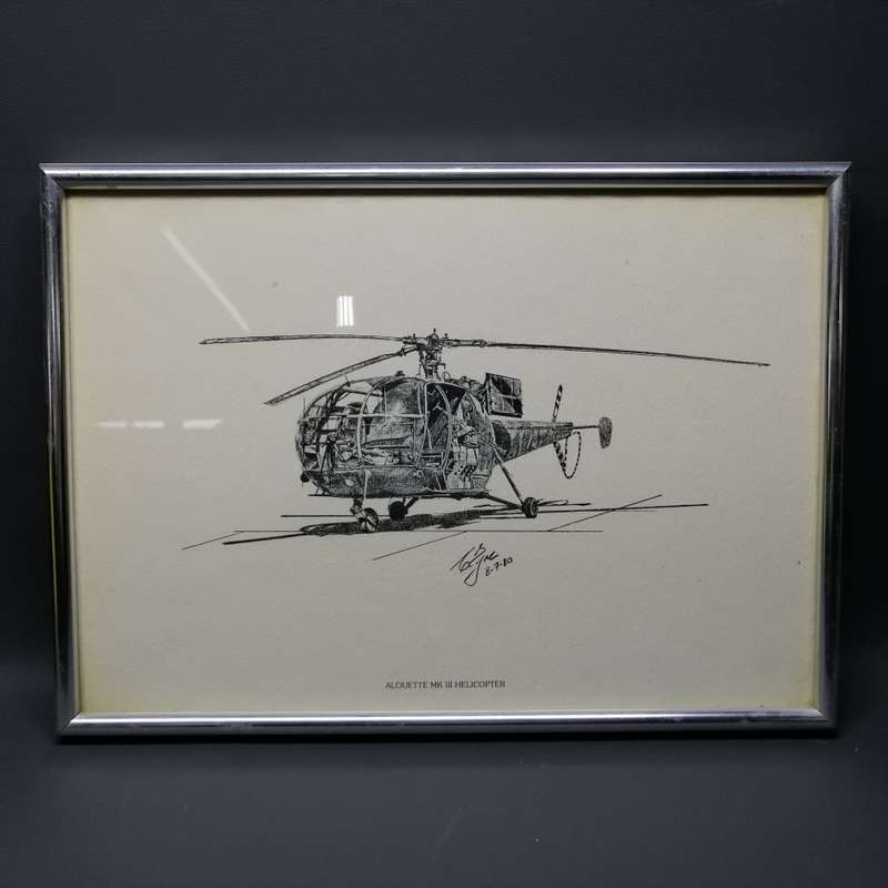 Framed Pencil Signed Alouette MK III Helicopter Printed Pencil Study!!! 420mm x 310mm