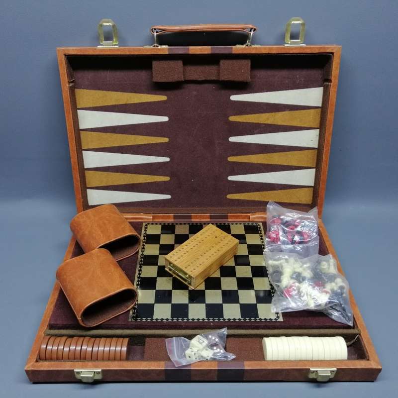 Super Cool!!! Backgammon and Other Games In Leatherette & Corduroy Brief Case!!!