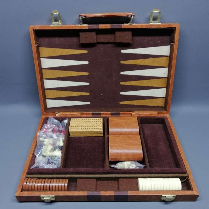 Super Cool!!! Backgammon and Other Games In Leatherette & Corduroy Brief Case!!!
