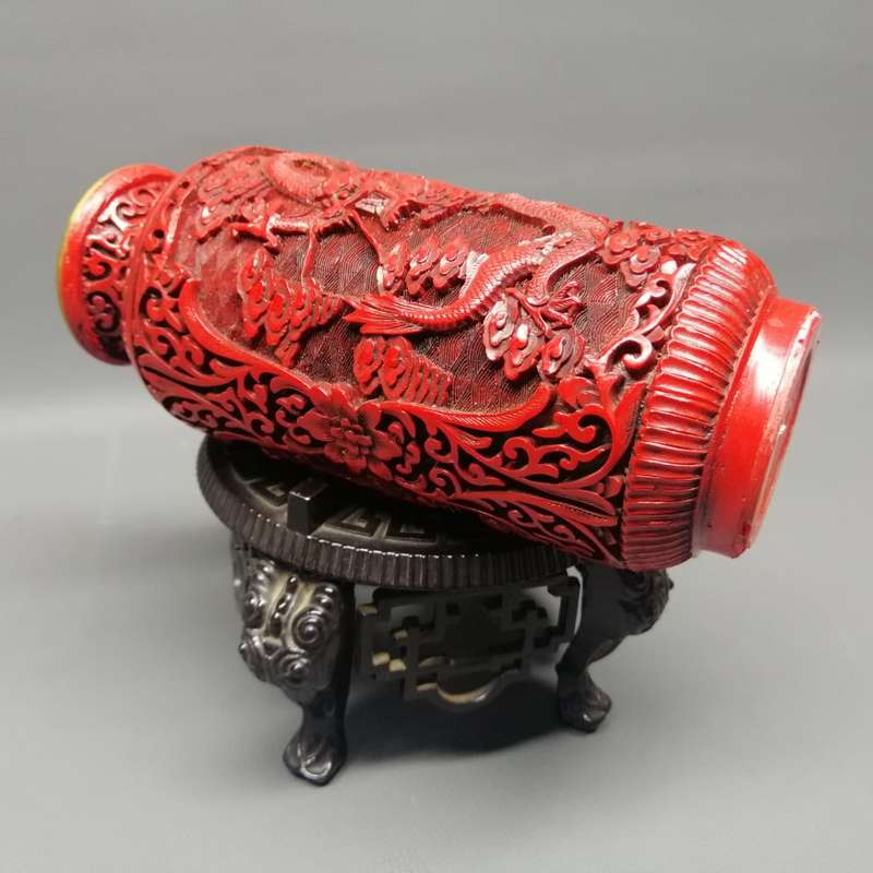 Fantastic!!! Highly Detailed Brass Lined Dragon Themed Cinnabar on Ornate Metal Oriental Stand!!!