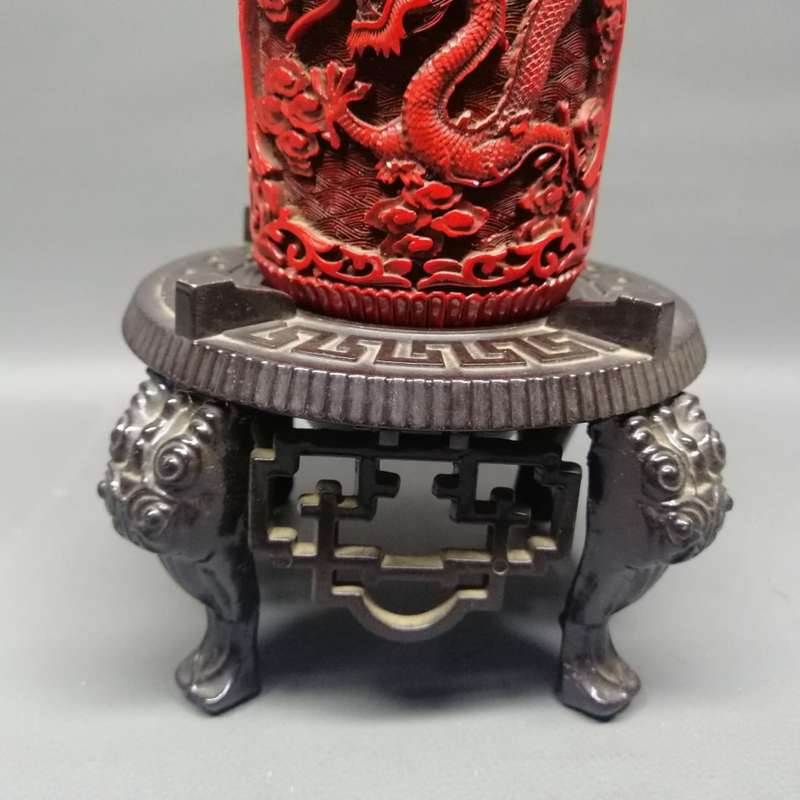 Fantastic!!! Highly Detailed Brass Lined Dragon Themed Cinnabar on Ornate Metal Oriental Stand!!!