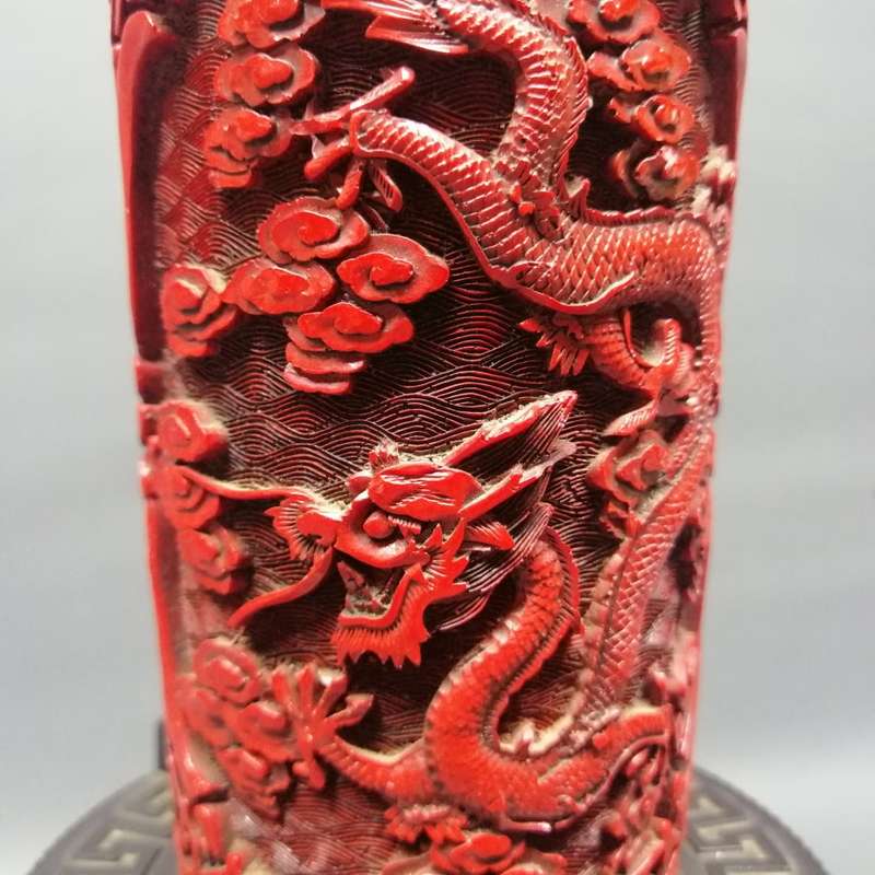Fantastic!!! Highly Detailed Brass Lined Dragon Themed Cinnabar on Ornate Metal Oriental Stand!!!