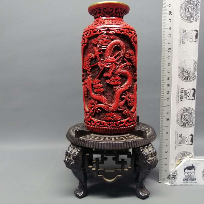 Fantastic!!! Highly Detailed Brass Lined Dragon Themed Cinnabar on Ornate Metal Oriental Stand!!!