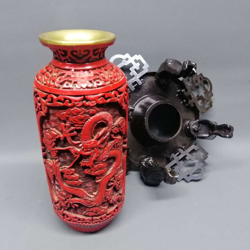 Fantastic!!! Highly Detailed Brass Lined Dragon Themed Cinnabar on Ornate Metal Oriental Stand!!!