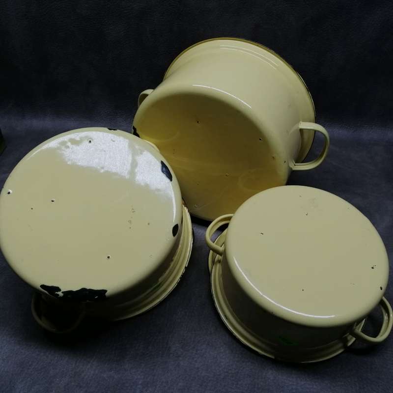 Super Cool!!! Vintage Yellow and Black Trim Heavy Weight Enamelware Pots with Lids!!!