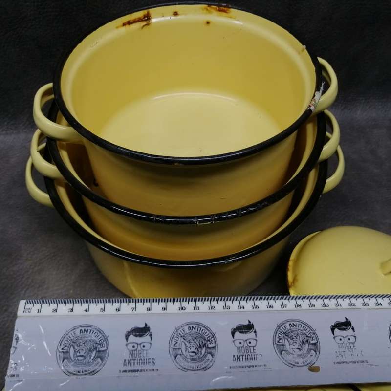 Super Cool!!! Vintage Yellow and Black Trim Heavy Weight Enamelware Pots with Lids!!!