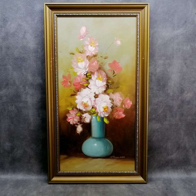Framed Original Robert Cox Oil on Board Pink Rose Flower Still Life (690mm x 390mm)