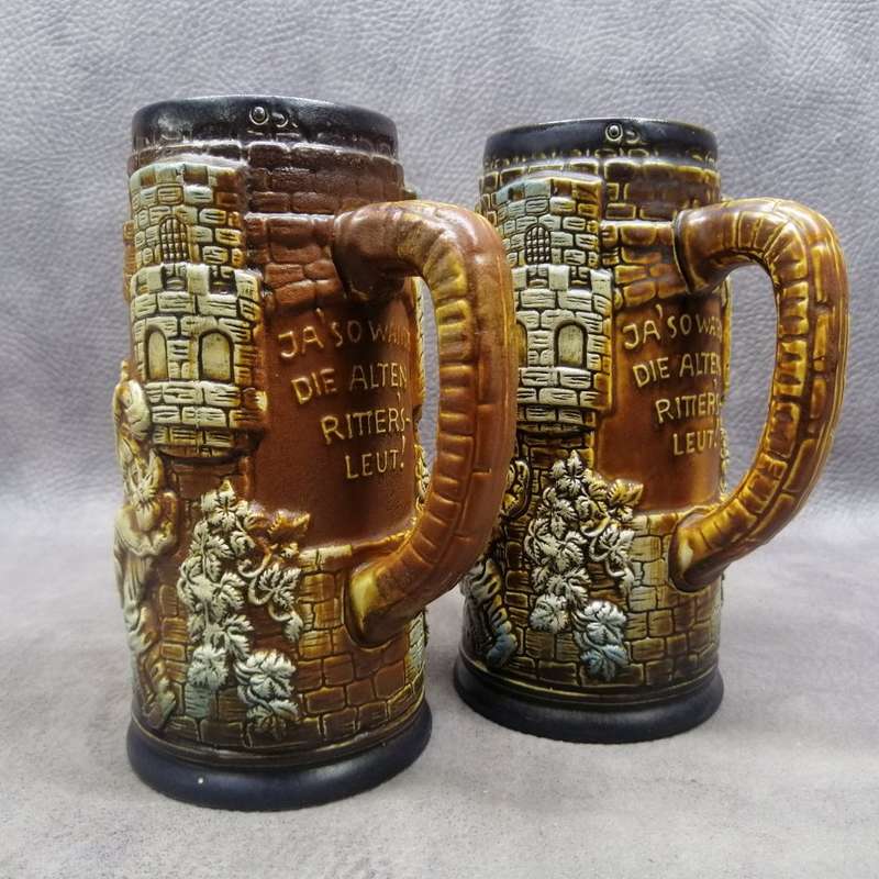 Fantastic!!!! Highly Detailed, Relief West German Glazed Porcelain Beer Tankards!!! Bid for Both!!!