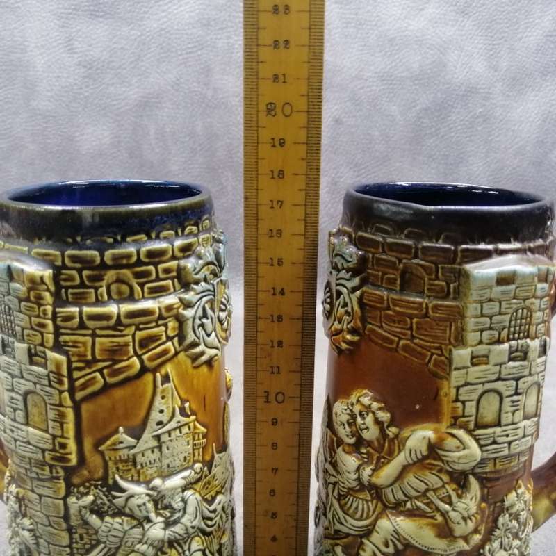 Fantastic!!!! Highly Detailed, Relief West German Glazed Porcelain Beer Tankards!!! Bid for Both!!!