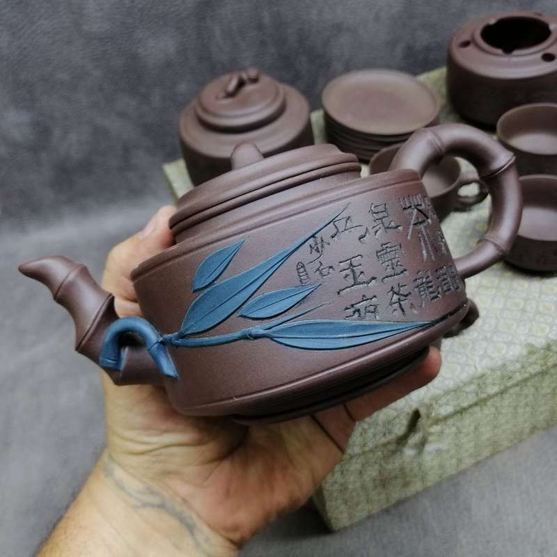 Highly Detailed Vintage Silk Boxed Oriental Bamboo Stoneware Tea Set And Warmer - Signed!!