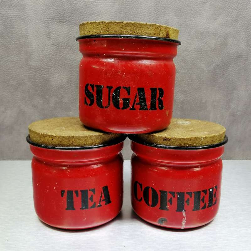 Fantastic!!! Original Polish Red Enamel Tea, Coffee and Sugar Containers!!!