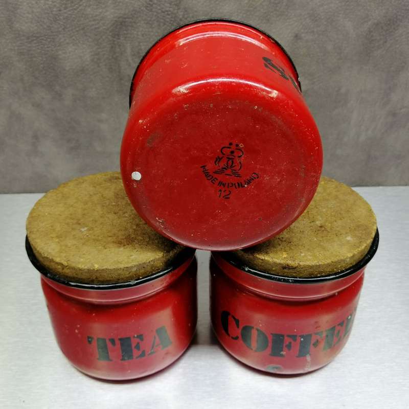 Fantastic!!! Original Polish Red Enamel Tea, Coffee and Sugar Containers!!!