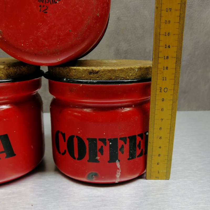 Fantastic!!! Original Polish Red Enamel Tea, Coffee and Sugar Containers!!!