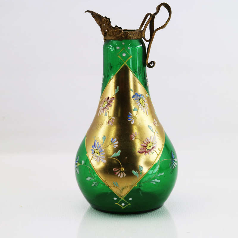Antique Gold Paint Finish Green Glass Pitcher With Ornate Brass Handle and Crown!!!