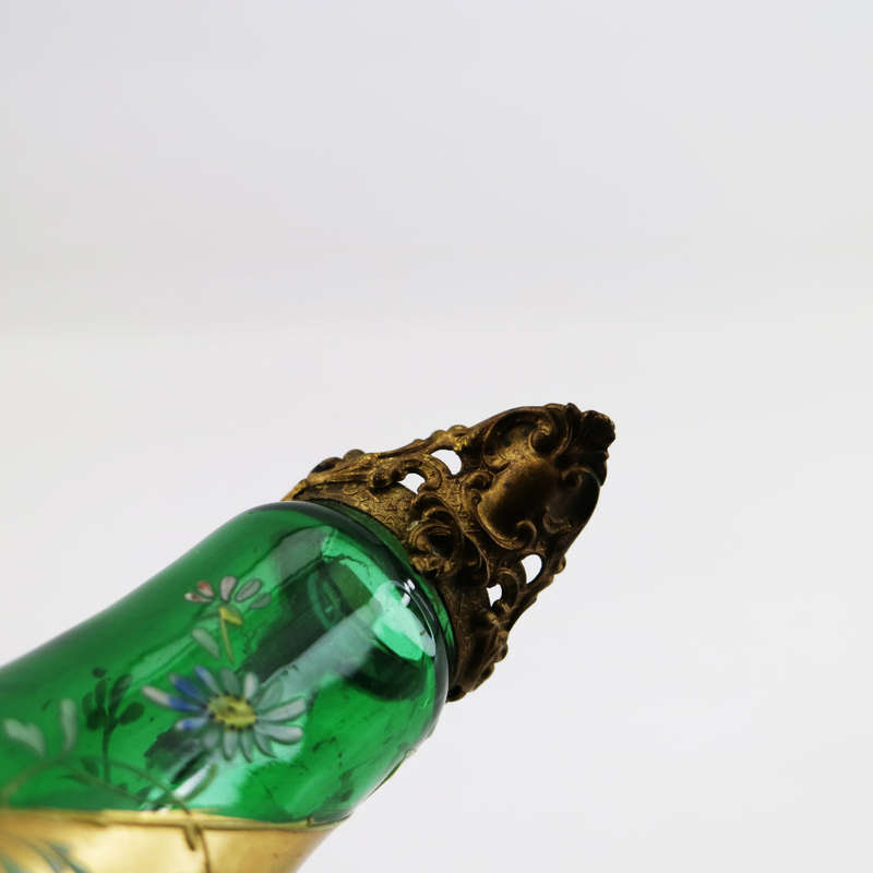 Antique Gold Paint Finish Green Glass Pitcher With Ornate Brass Handle and Crown!!!