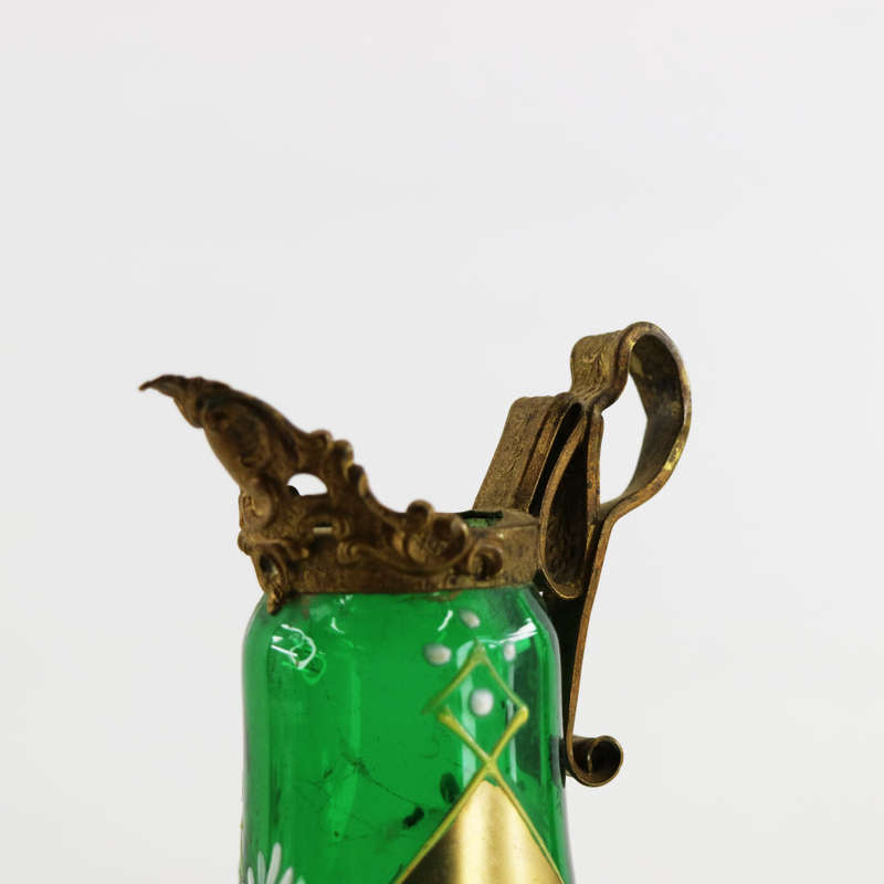 Antique Gold Paint Finish Green Glass Pitcher With Ornate Brass Handle and Crown!!!