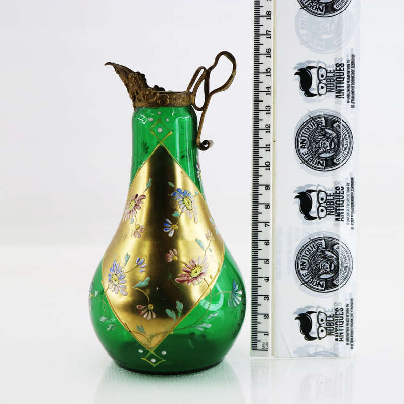 Antique Gold Paint Finish Green Glass Pitcher With Ornate Brass Handle and Crown!!!