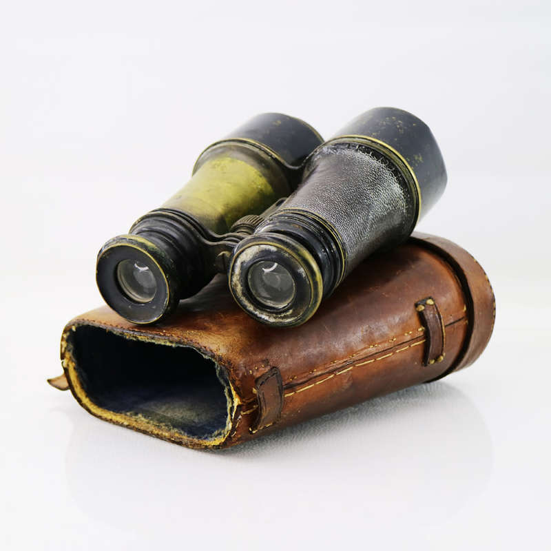Original Vintage Military Brass Binoculars With Original Leather Casing - Display Only!!!