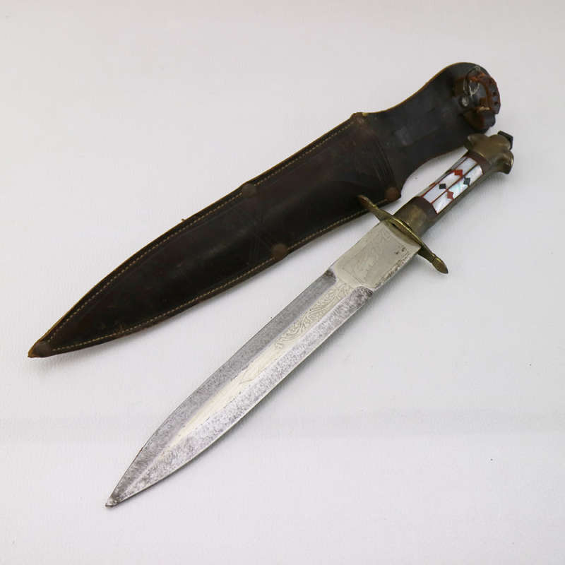 Highly Decorative Brass and Mother of Pearl Inlay Victory Dagger With Leather Sheath!!!
