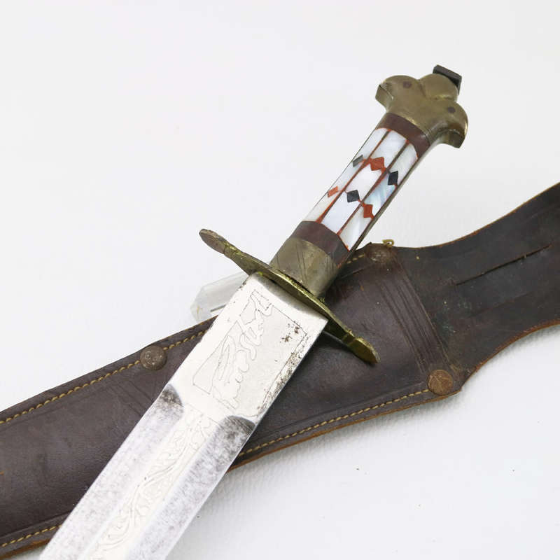 Highly Decorative Brass and Mother of Pearl Inlay Victory Dagger With Leather Sheath!!!