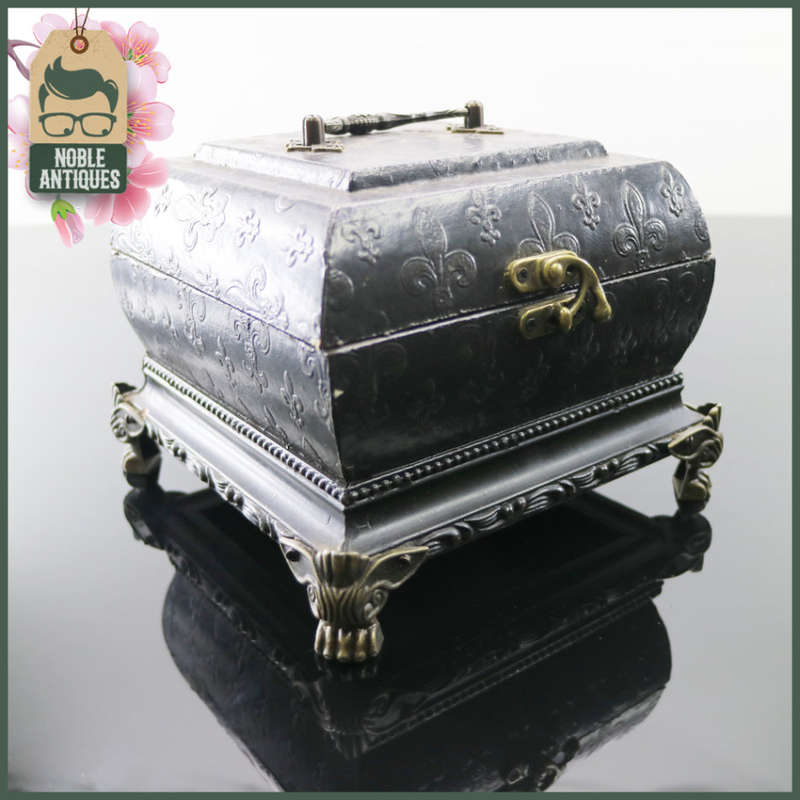 Highly Detailed Metal Footed Flip Tip Wood Box Desk Clock!!!