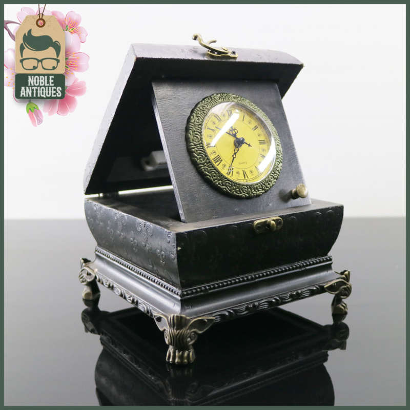 Highly Detailed Metal Footed Flip Tip Wood Box Desk Clock!!!