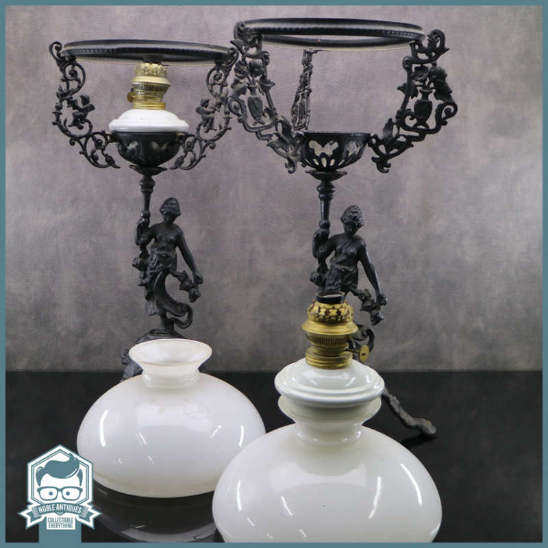 Exquisite!!! Two Antique MASSIVE Cast Iron and Glass Oil Lamps - Electric Fittings Included!!!