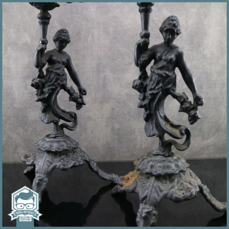 Exquisite!!! Two Antique MASSIVE Cast Iron and Glass Oil Lamps - Electric Fittings Included!!!