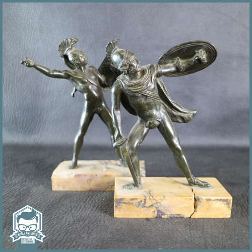 Two Antique Bronze Roman Soldiers on marble plinths!!! One plinth Repaired