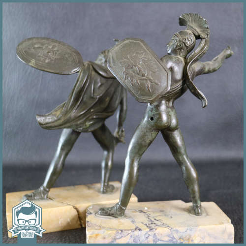 Two Antique Bronze Roman Soldiers on marble plinths!!! One plinth Repaired