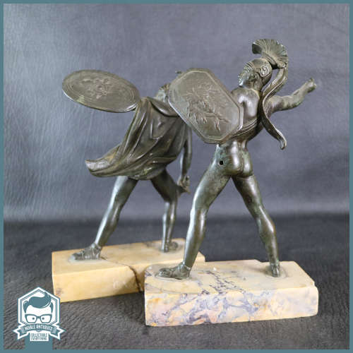 Two Antique Bronze Roman Soldiers on marble plinths!!! One plinth Repaired